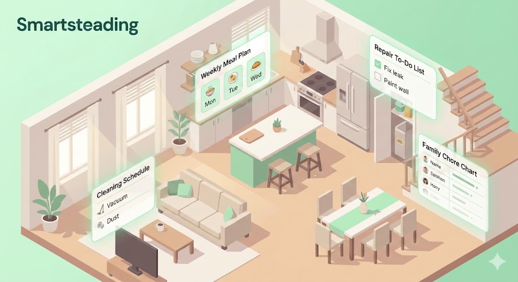 Isometric home with floating dashboard tiles for meal planning, cleaning schedules, repairs, and chores